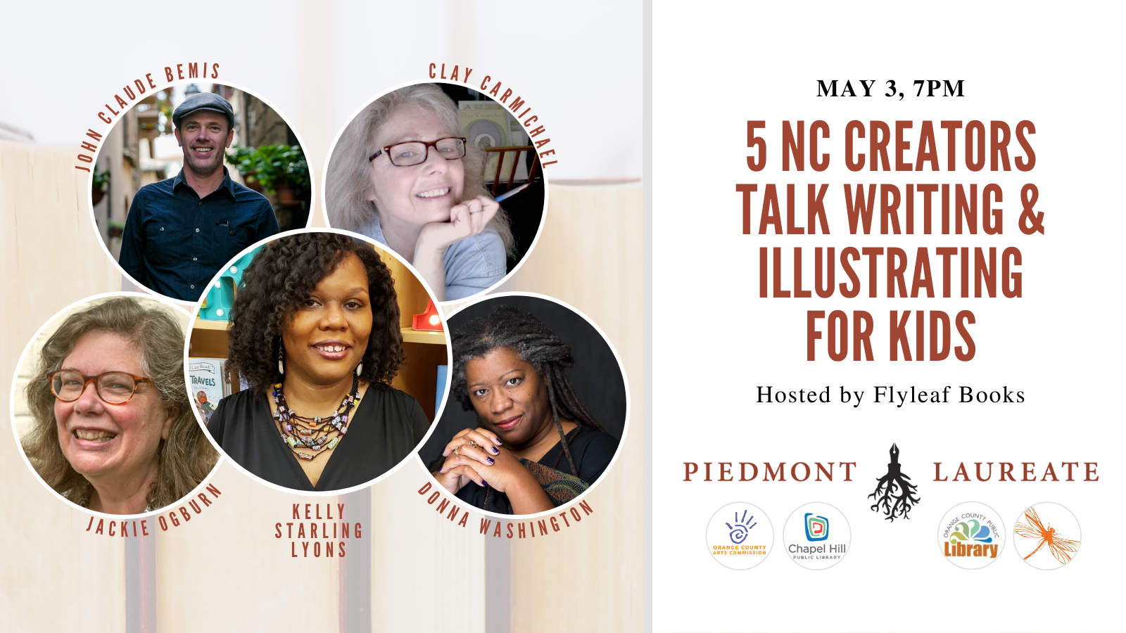 May 3rd at 7pm, 5 NC Creators Talk Writing and Illustrating for Kids. Hosted by Flyleaf Books.